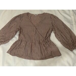 Madewell Size Medium Pink Red Stripe Wrap V Neck Puff Sleeve Peplum Top